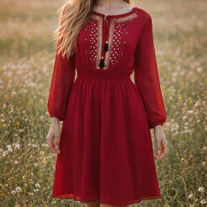 Altuzarra Target Embroidered Dress 2 Red Chiffon Romantic Gypsy Boho Peasant